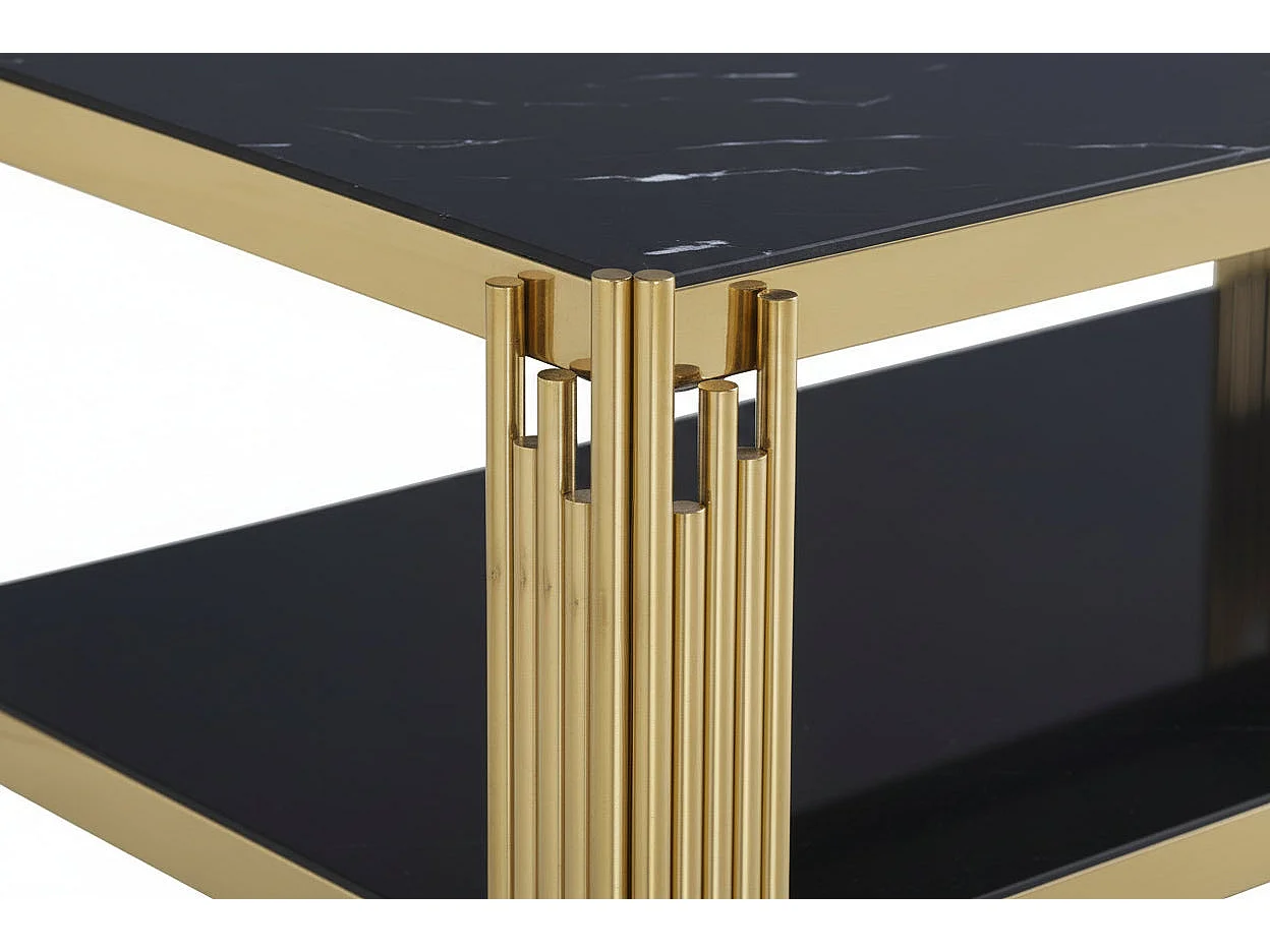 Table Basse FLUTE Rectangle Double Plateau Verre Trempé Marbré Noir Structure Gold 120x60x45cm