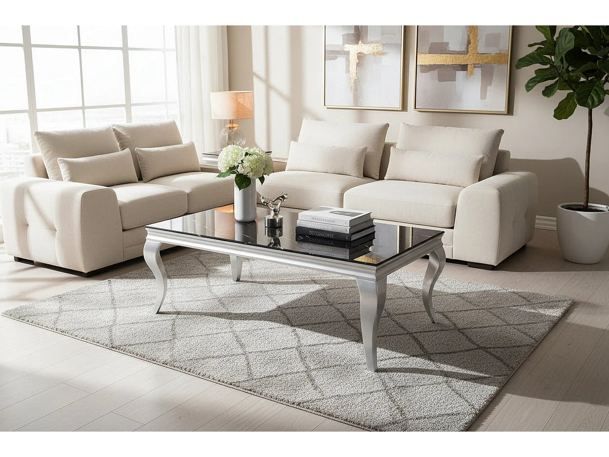 Table Basse BAROQUE Rectangle Plateau Verre Trempé Marbré Noir Pieds Chrome 120x60x45cm