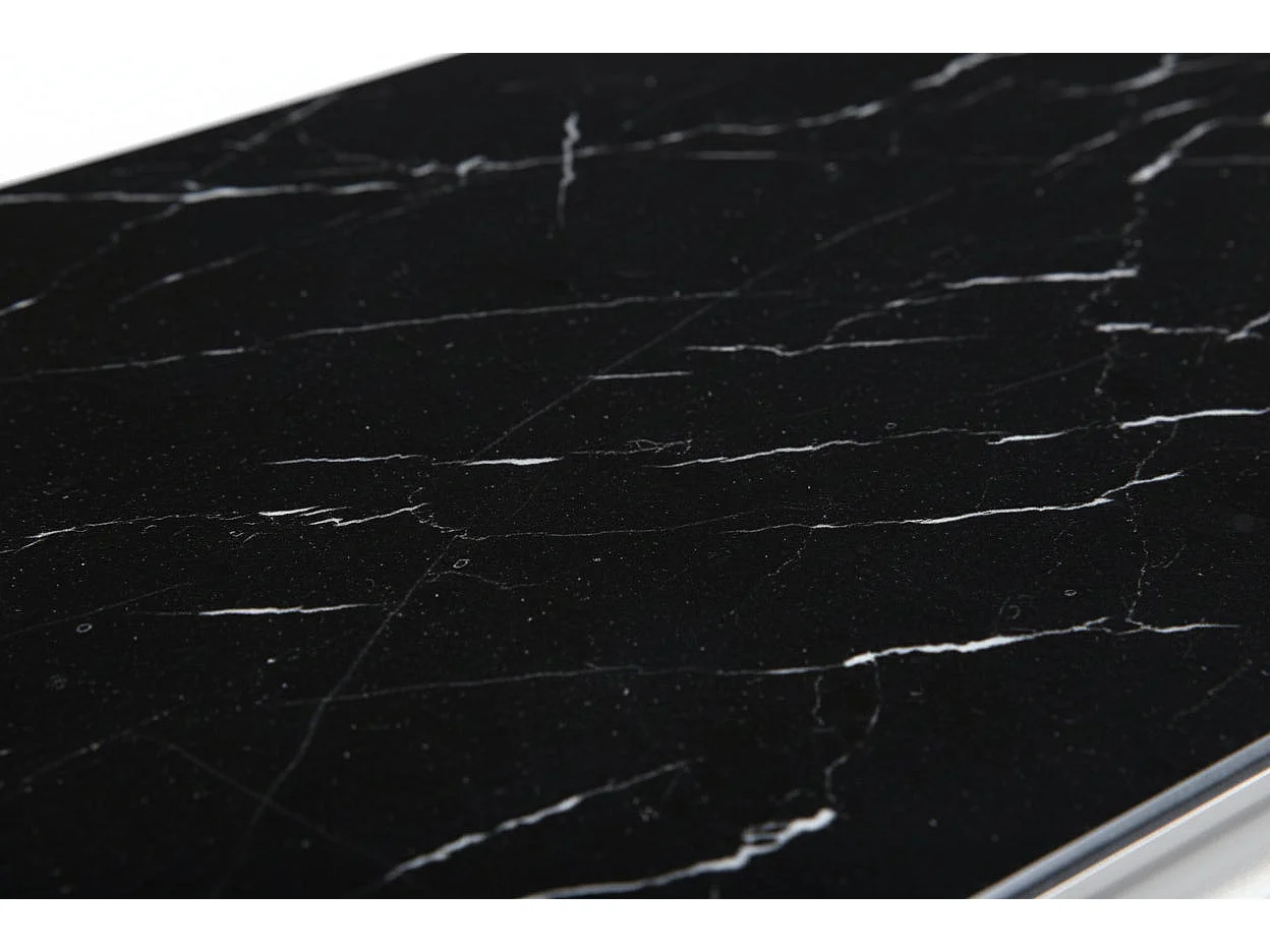 Table Basse BAROQUE Rectangle Plateau Verre Trempé Marbré Noir Pieds Chrome 120x60x45cm