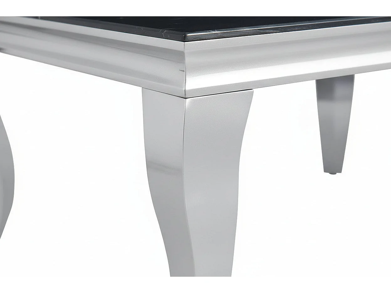 Table Basse BAROQUE Rectangle Plateau Verre Trempé Marbré Noir Pieds Chrome 120x60x45cm