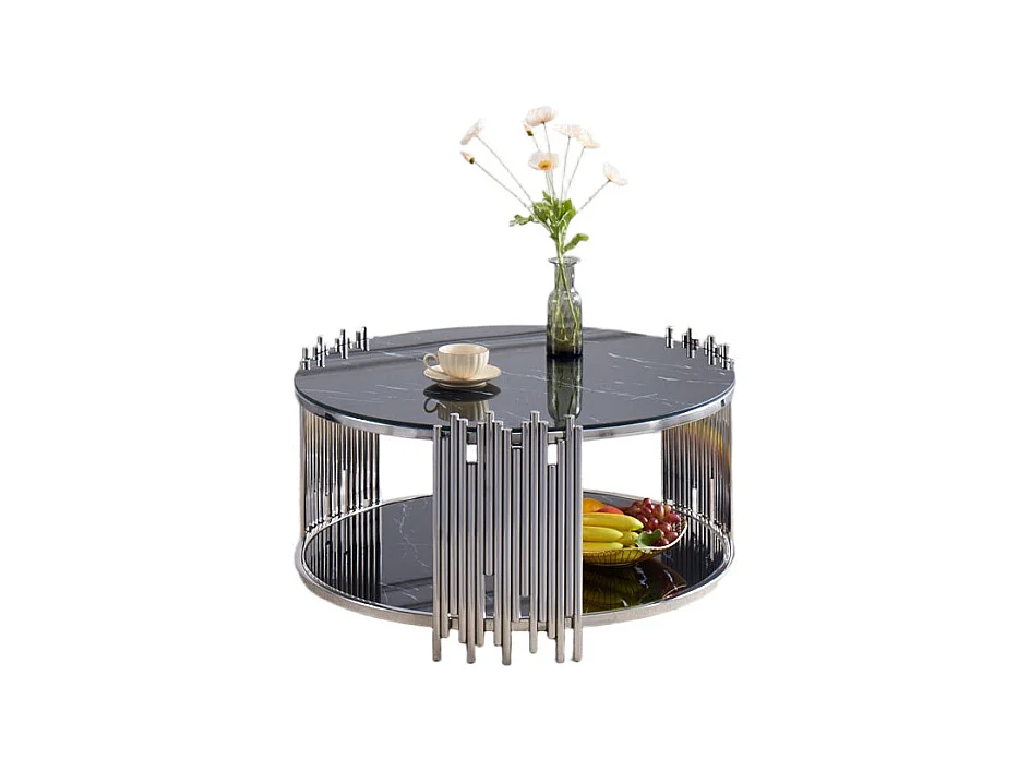 Table Basse ronde STICK Chrome et plateau en verre MARBRE NOIR D90 H45 cm