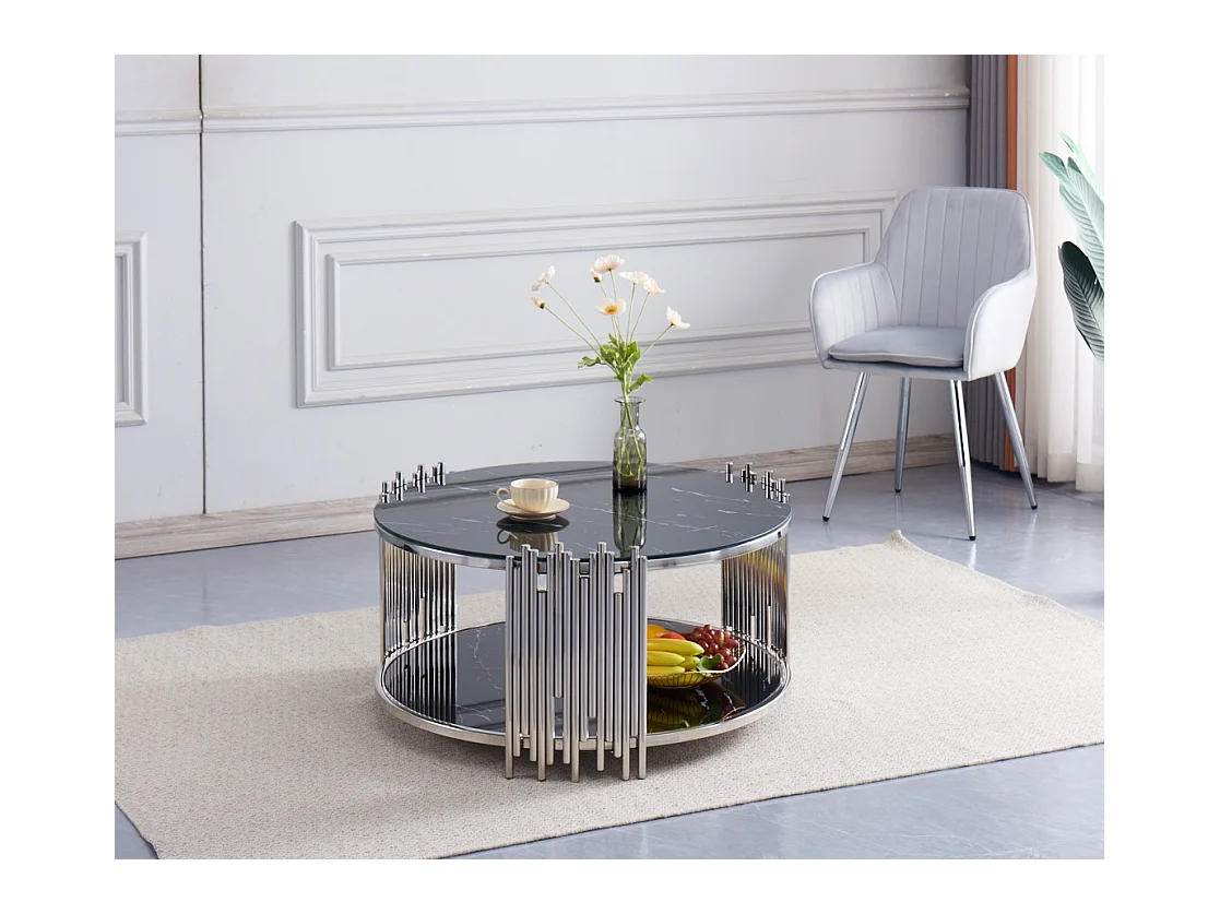 Table Basse ronde STICK Chrome et plateau en verre MARBRE NOIR D90 H45 cm