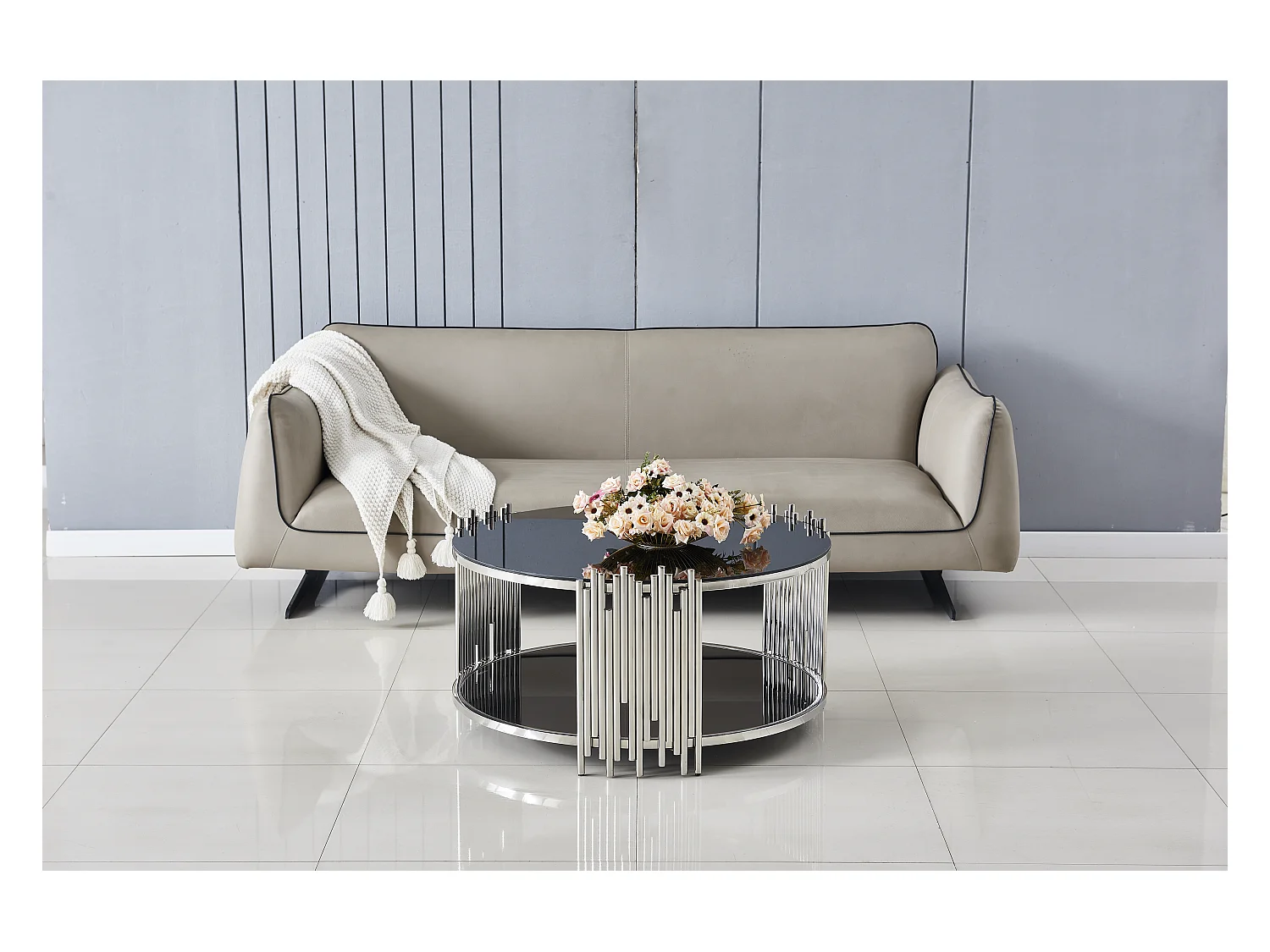 Table Basse ronde STICK Chrome et plateau en verre MARBRE NOIR D90 H45 cm