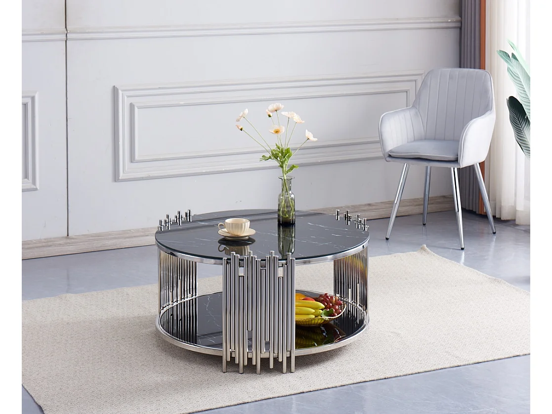 Table Basse ronde STICK Chrome et plateau en verre MARBRE NOIR D90 H45 cm