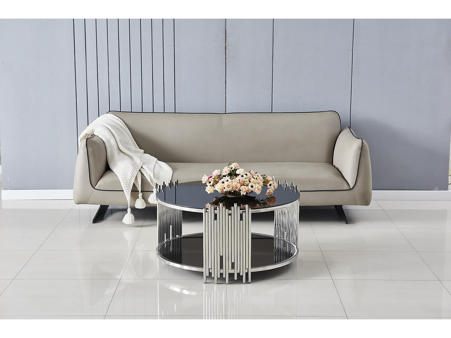 Table Basse ronde STICK Chrome et plateau en verre MARBRE NOIR D90 H45 cm