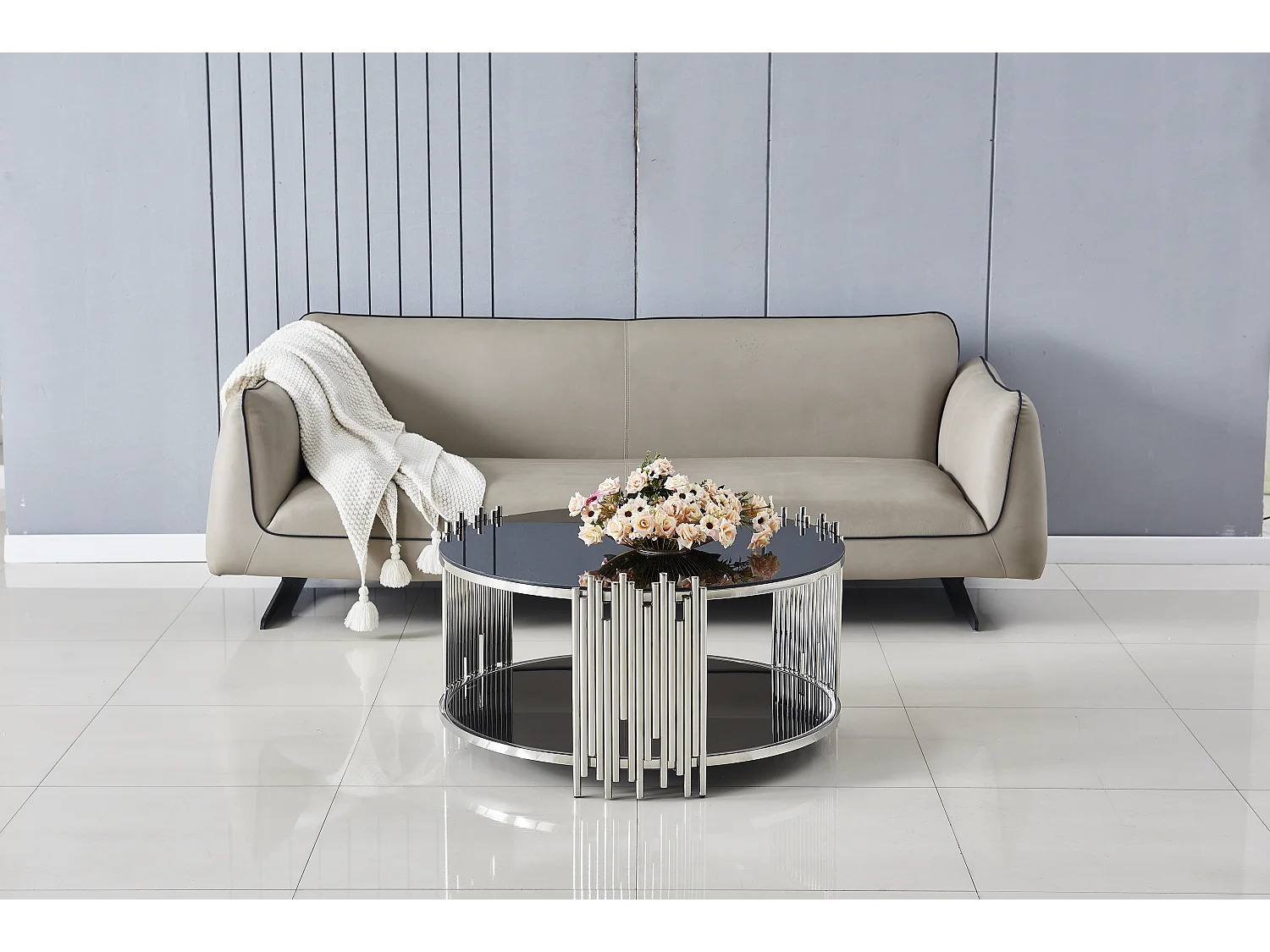 Table Basse ronde STICK Chrome et plateau en verre MARBRE NOIR D90 H45 cm