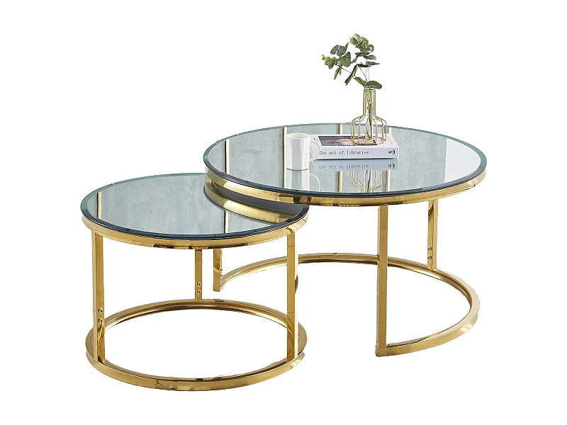 Lot de 2 tables Basses Gigogne ARTO Gold et plateau en verre Miroir