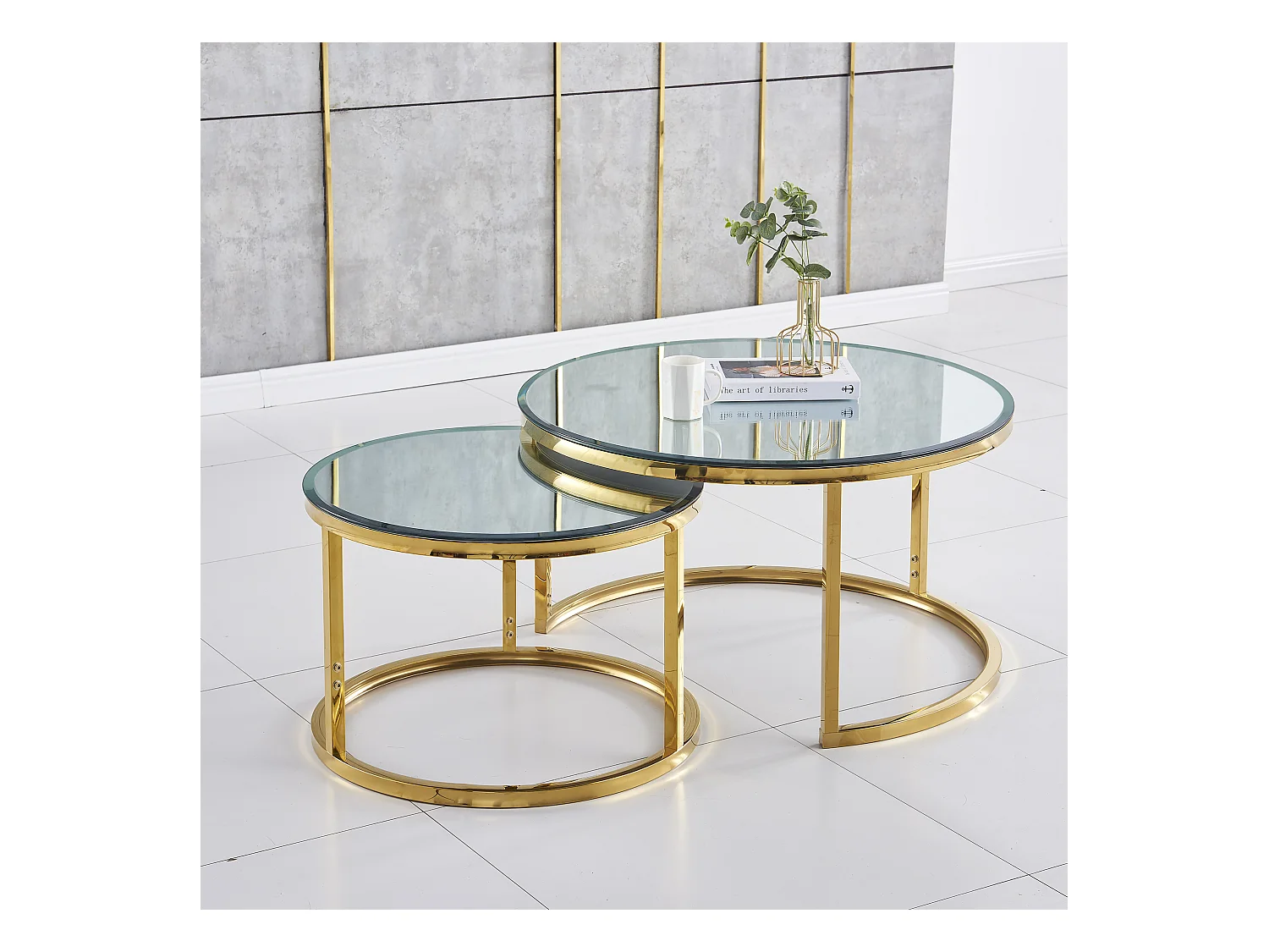 Lot de 2 tables Basses Gigogne ARTO Gold et plateau en verre Miroir