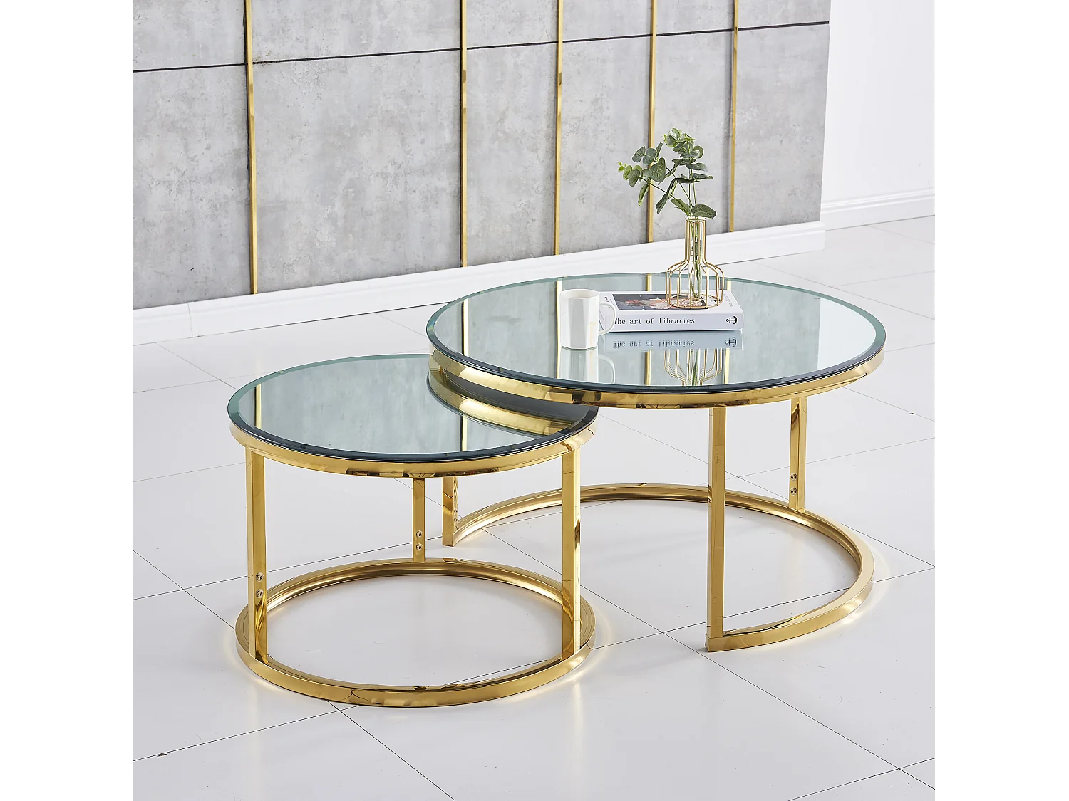 Lot de 2 tables Basses Gigogne ARTO Gold et plateau en verre Miroir