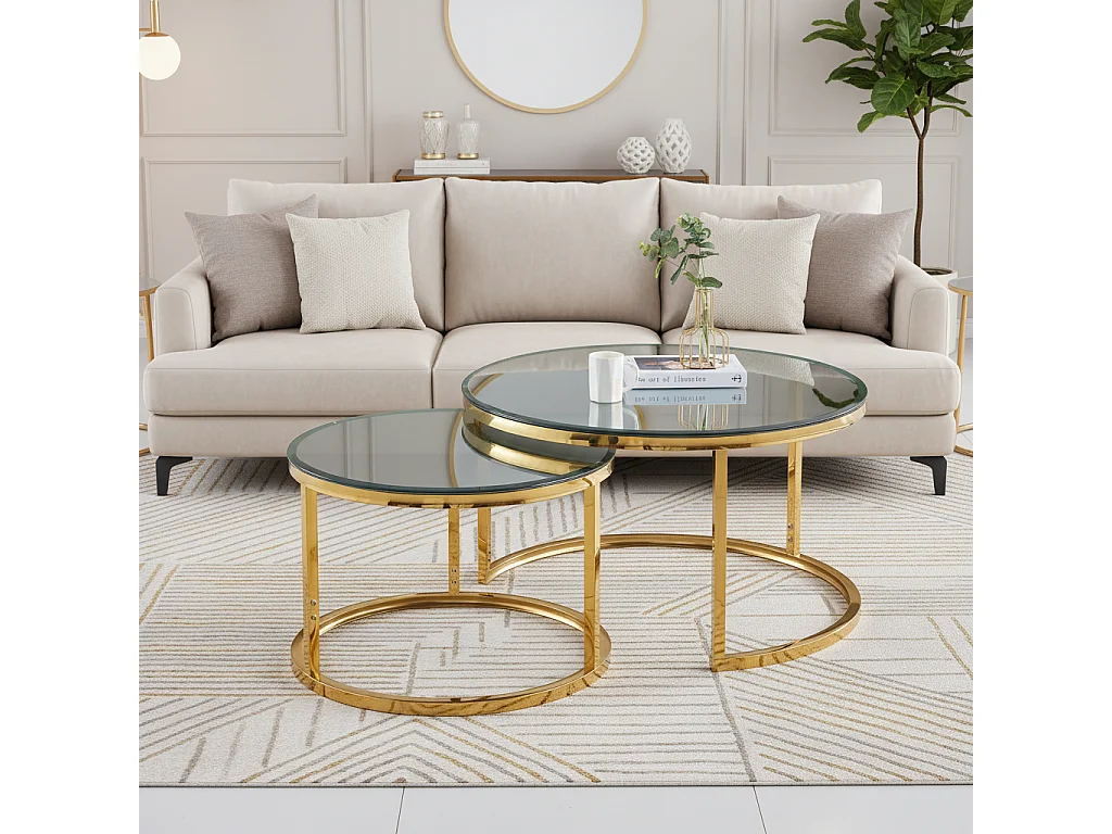 Lot de 2 tables Basses Gigogne ARTO Gold et plateau en verre Miroir