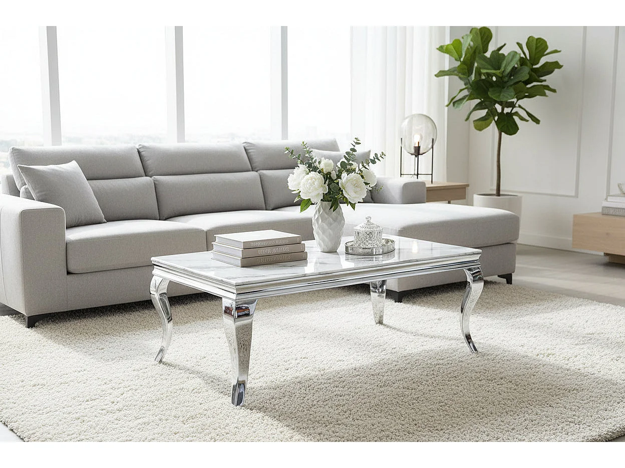 Table Basse BAROQUE Rectangle Plateau Verre Trempé Marbré Blanc Pieds Chrome 120x60x45cm