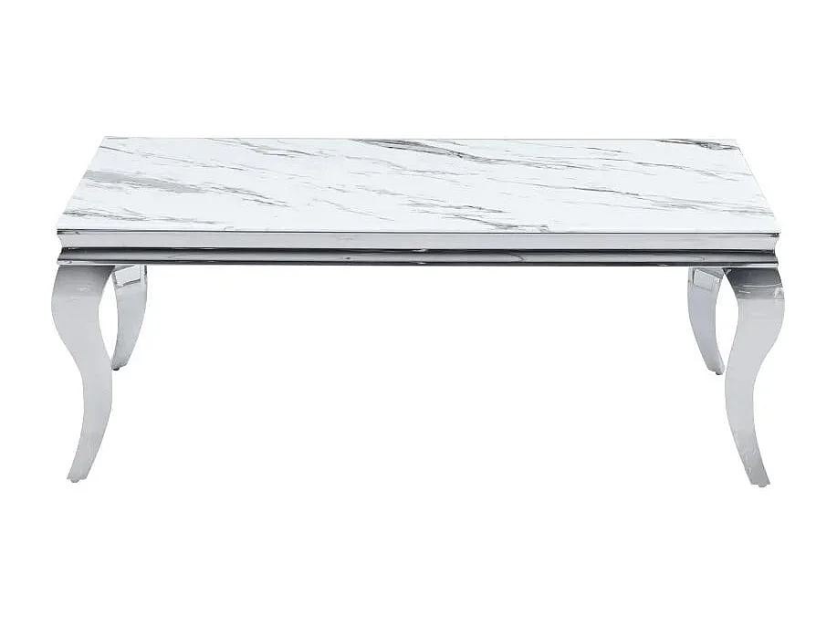 Table Basse BAROQUE Rectangle Plateau Verre Trempé Marbré Blanc Pieds Chrome 120x60x45cm