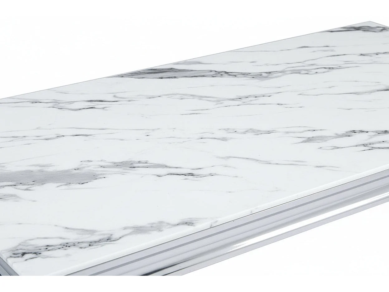 Table Basse BAROQUE Rectangle Plateau Verre Trempé Marbré Blanc Pieds Chrome 120x60x45cm