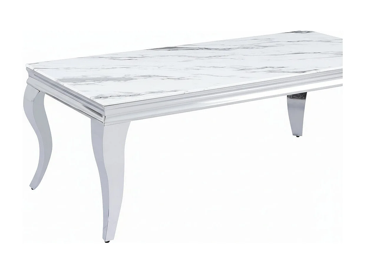 Table Basse BAROQUE Rectangle Plateau Verre Trempé Marbré Blanc Pieds Chrome 120x60x45cm