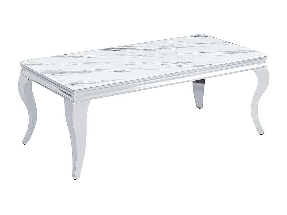 Table Basse BAROQUE Rectangle Plateau Verre Trempé Marbré Blanc Pieds Chrome 120x60x45cm