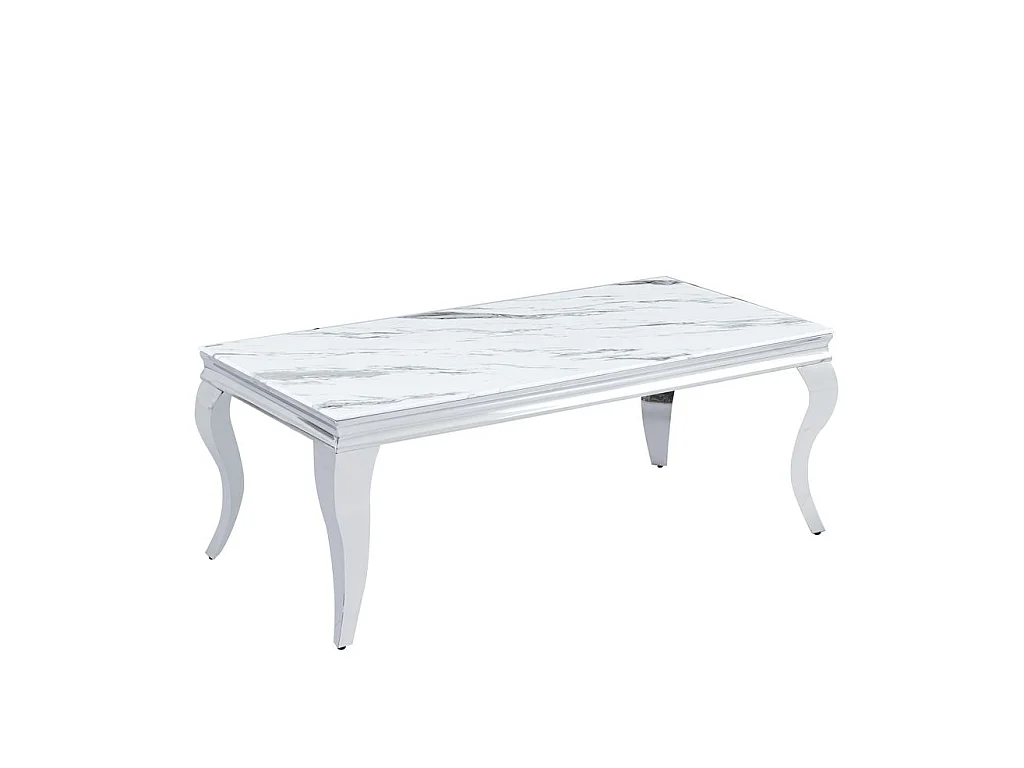 Table Basse BAROQUE Rectangle Plateau Verre Trempé Marbré Blanc Pieds Chrome 120x60x45cm