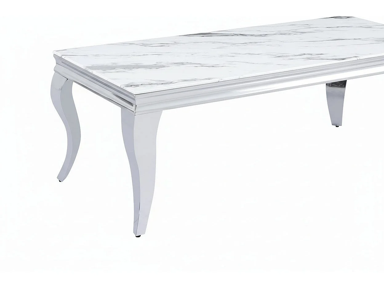 Table Basse BAROQUE Rectangle Plateau Verre Trempé Marbré Blanc Pieds Chrome 120x60x45cm