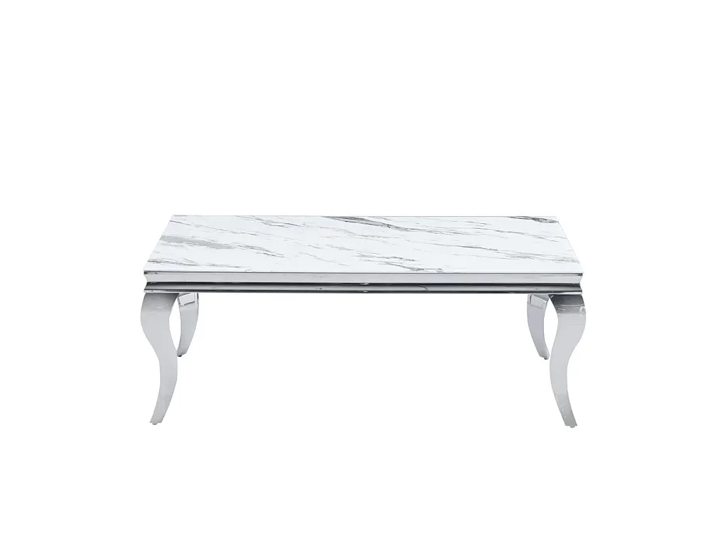 Table Basse BAROQUE Rectangle Plateau Verre Trempé Marbré Blanc Pieds Chrome 120x60x45cm
