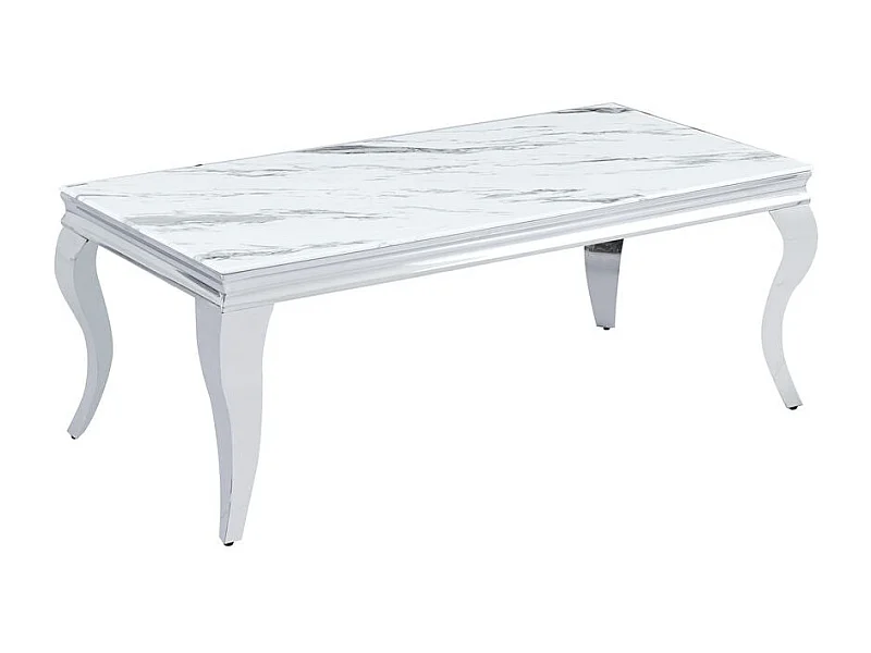 Table Basse BAROQUE Rectangle Plateau Verre Trempé Marbré Blanc Pieds Chrome 120x60x45cm