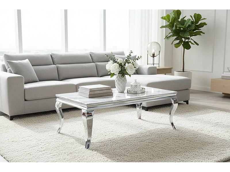 Table Basse BAROQUE Rectangle Plateau Verre Trempé Marbré Blanc Pieds Chrome 120x60x45cm