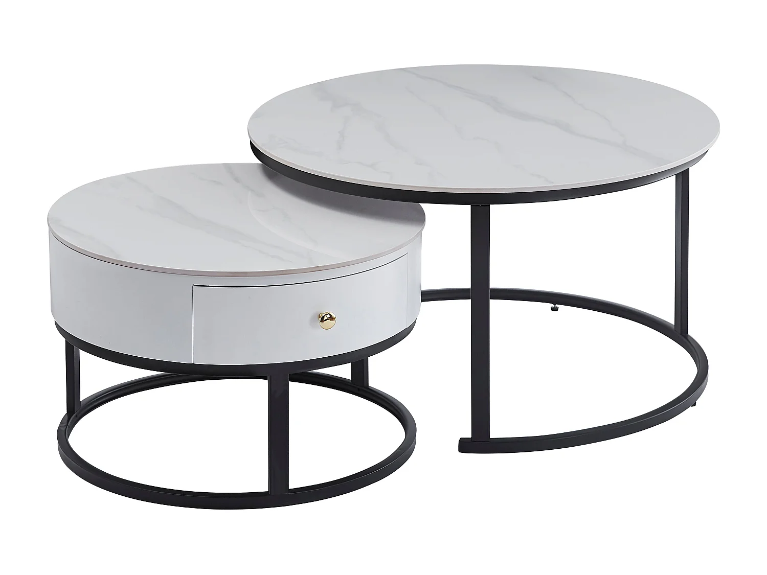 Lot 2 Tables Basses Gigognes NOVELA Avec Tiroir Céramique Marbre Blanc Métal Noir D80/D60x45/40cm