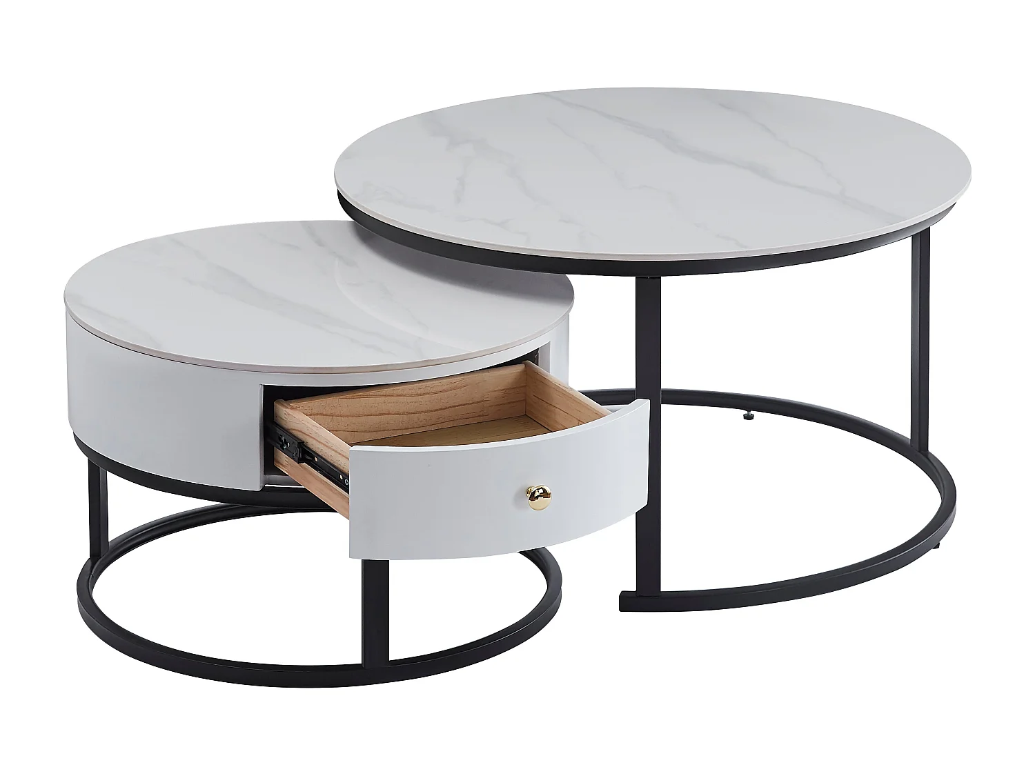 Lot 2 Tables Basses Gigognes NOVELA Avec Tiroir Céramique Marbre Blanc Métal Noir D80/D60x45/40cm