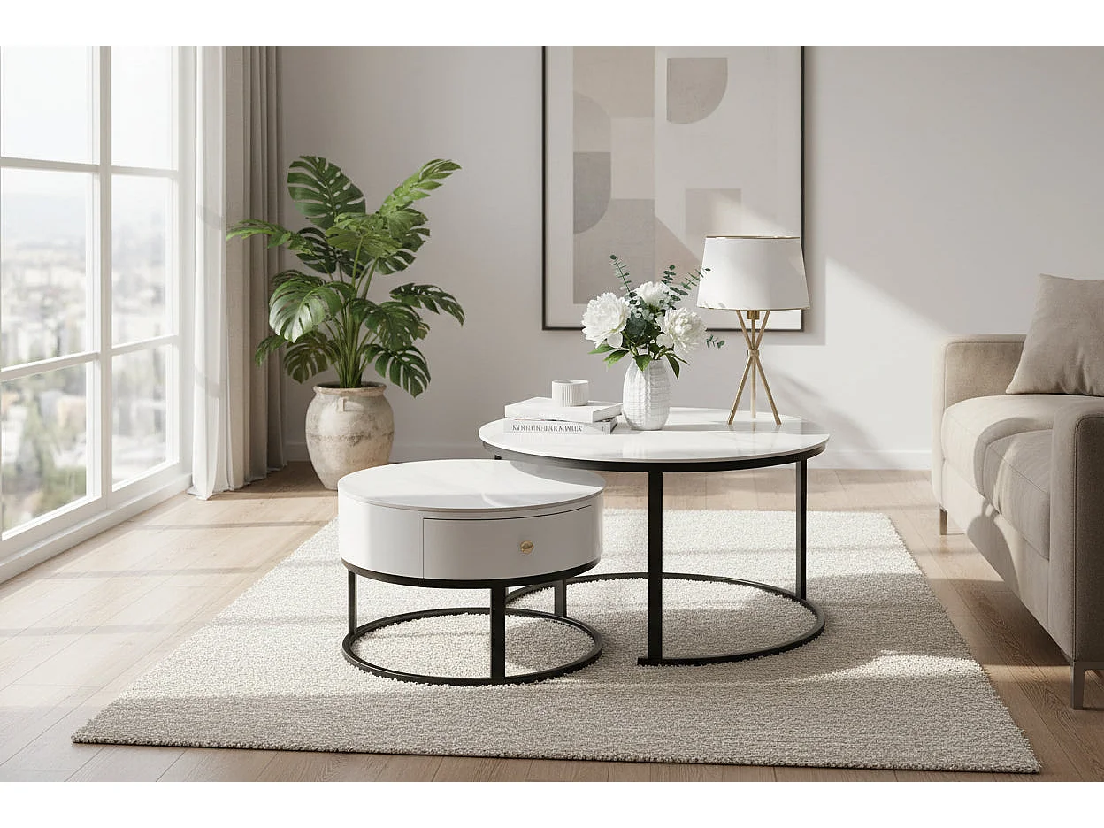 Lot 2 Tables Basses Gigognes NOVELA Avec Tiroir Céramique Marbre Blanc Métal Noir D80/D60x45/40cm