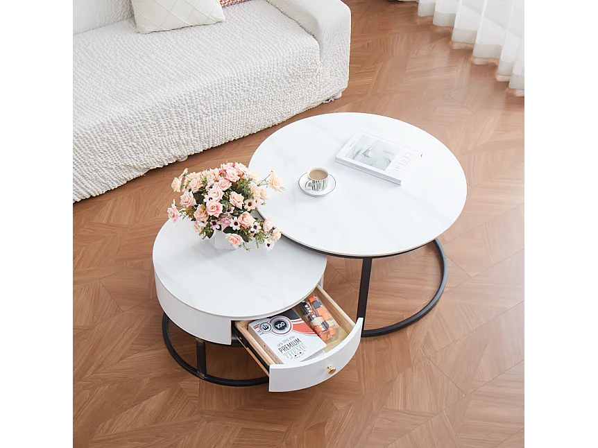 Lot 2 Tables Basses Gigognes NOVELA Avec Tiroir Céramique Marbre Blanc Métal Noir D80/D60x45/40cm