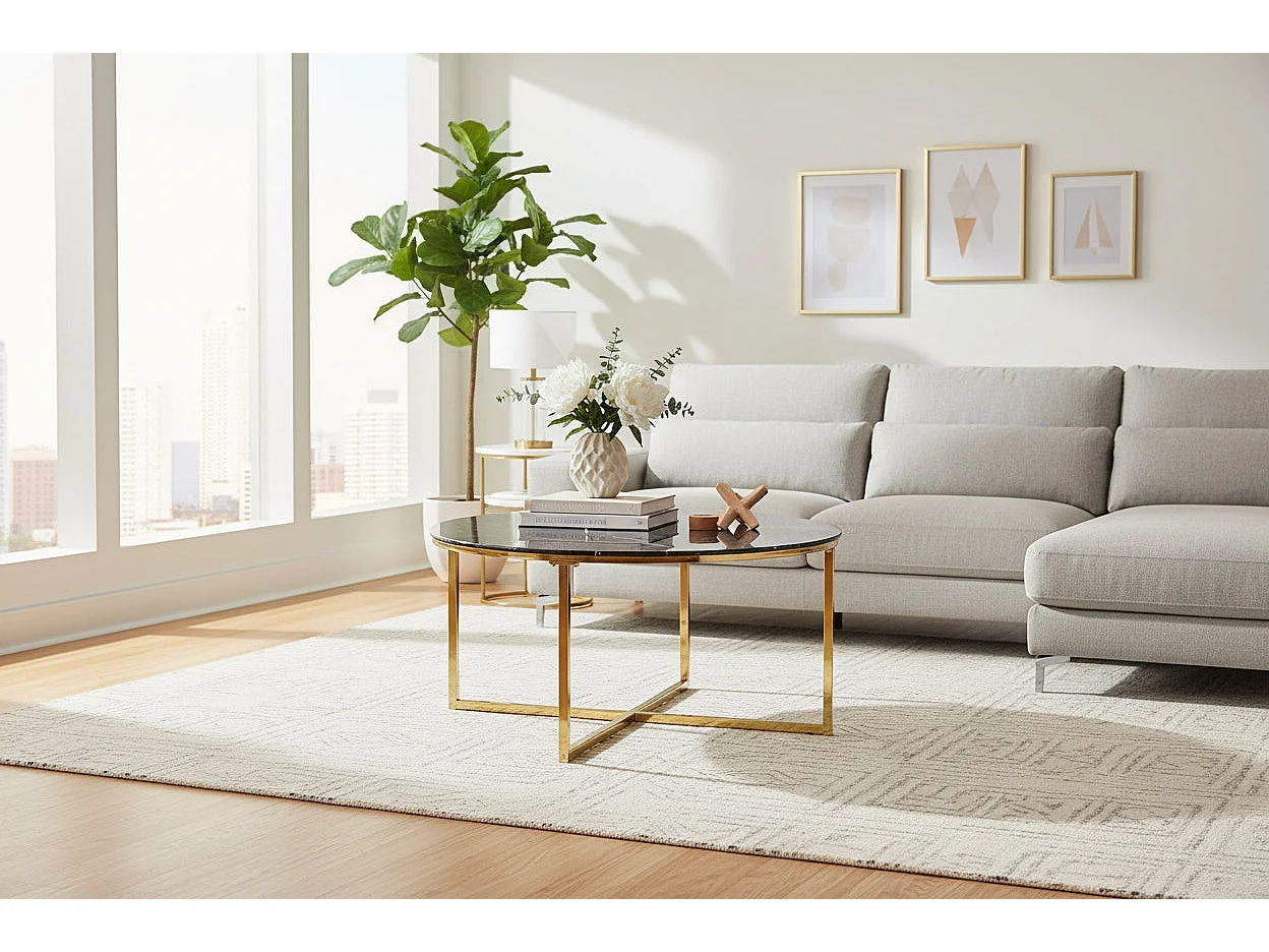 Table Basse LORIE Ronde Plateau Verre Trempé Marbré Noir Structure Métal Gold D90x45cm