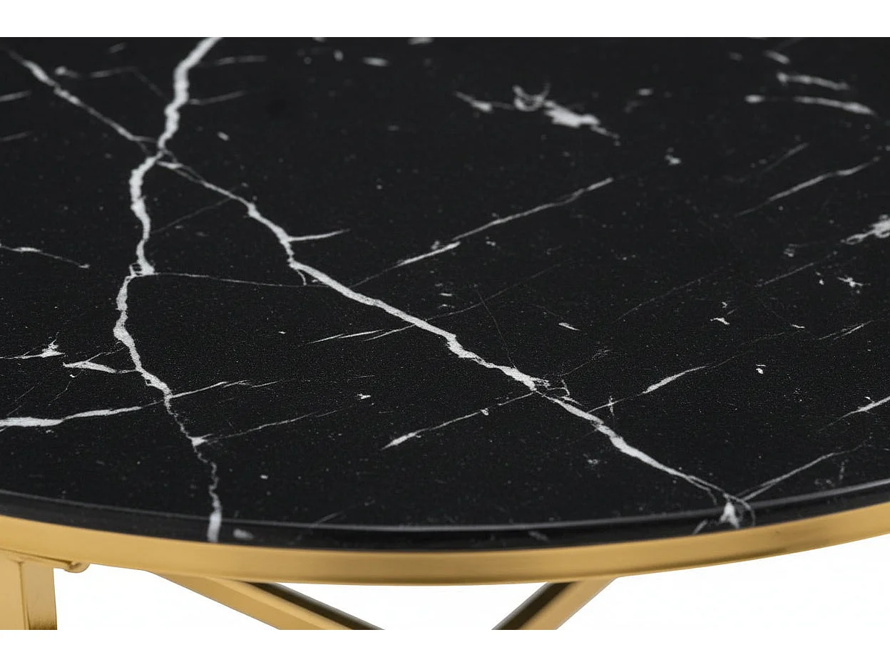 Table Basse LORIE Ronde Plateau Verre Trempé Marbré Noir Structure Métal Gold D90x45cm