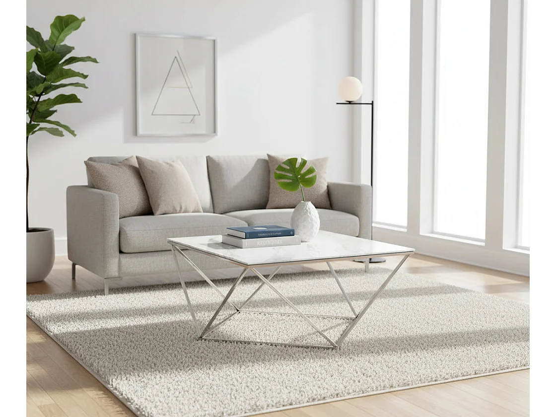 Table Basse ALINA Carrée Plateau Verre Trempé Marbré Blanc Pieds Chrome 80x80x45cm