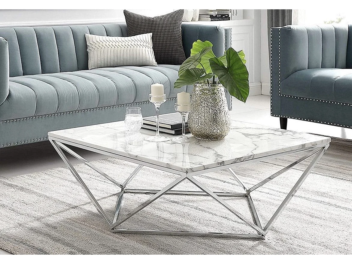 Table Basse ALINA Carrée Plateau Verre Trempé Marbré Blanc Pieds Chrome 80x80x45cm