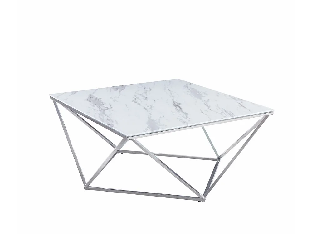 Table Basse ALINA Carrée Plateau Verre Trempé Marbré Blanc Pieds Chrome 80x80x45cm