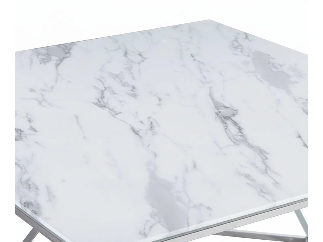 Table Basse ALINA Carrée Plateau Verre Trempé Marbré Blanc Pieds Chrome 80x80x45cm