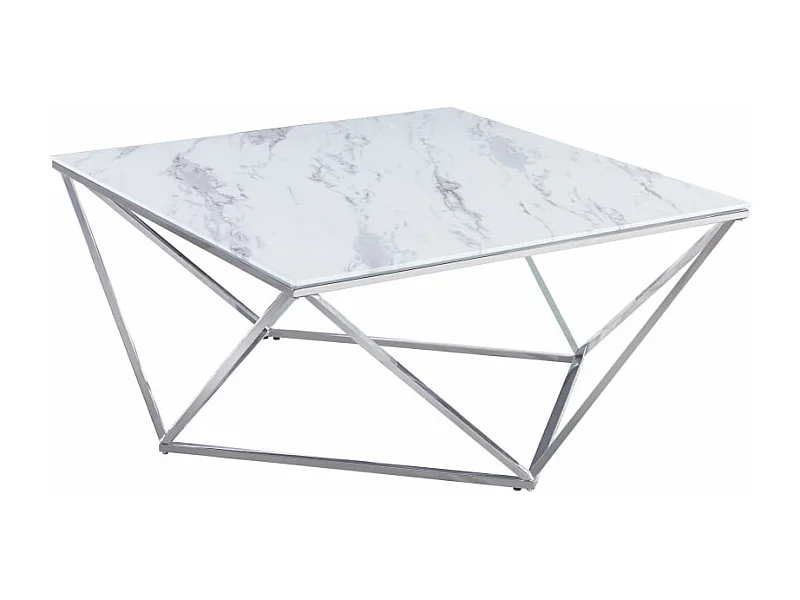 Table Basse ALINA Carrée Plateau Verre Trempé Marbré Blanc Pieds Chrome 80x80x45cm