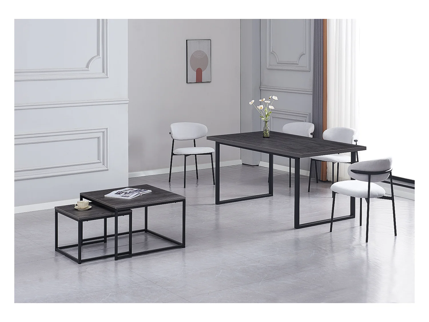 Table basse gigogne BELGRADE métal noir plateau en bois