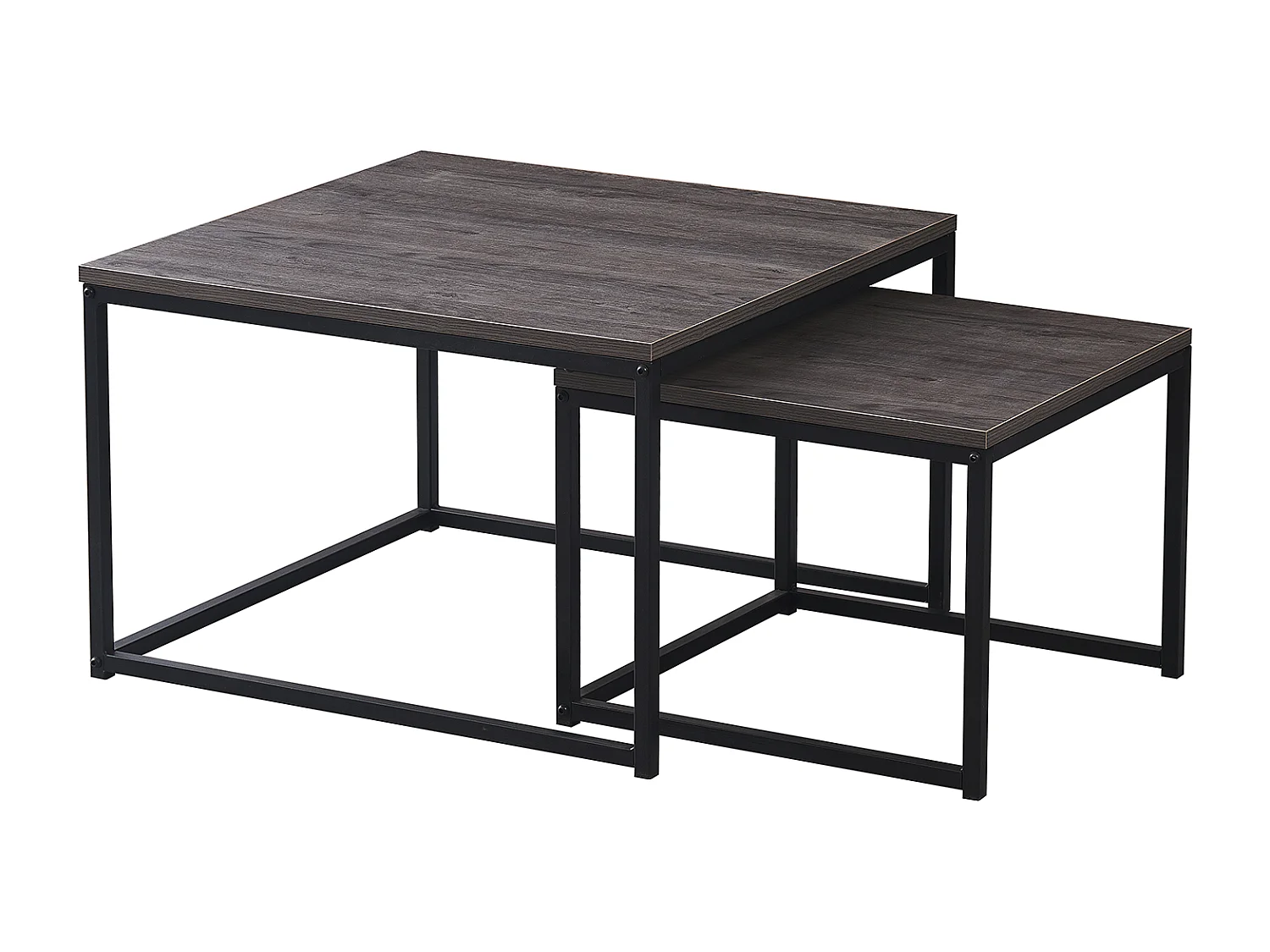 Lot 2 Tables Basses Gigognes BELGRADE Métal Noir Plateau Bois Gris 70x70x46 / 50x50x40cm