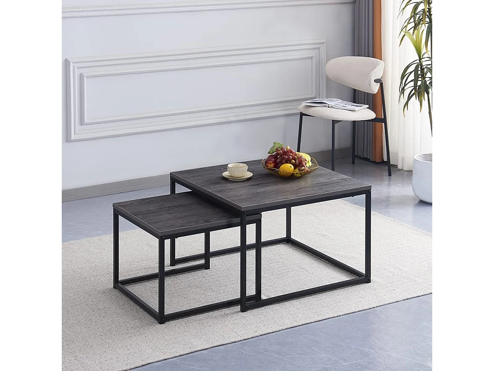 Lot 2 Tables Basses Gigognes BELGRADE Métal Noir Plateau Bois Gris 70x70x46 / 50x50x40cm