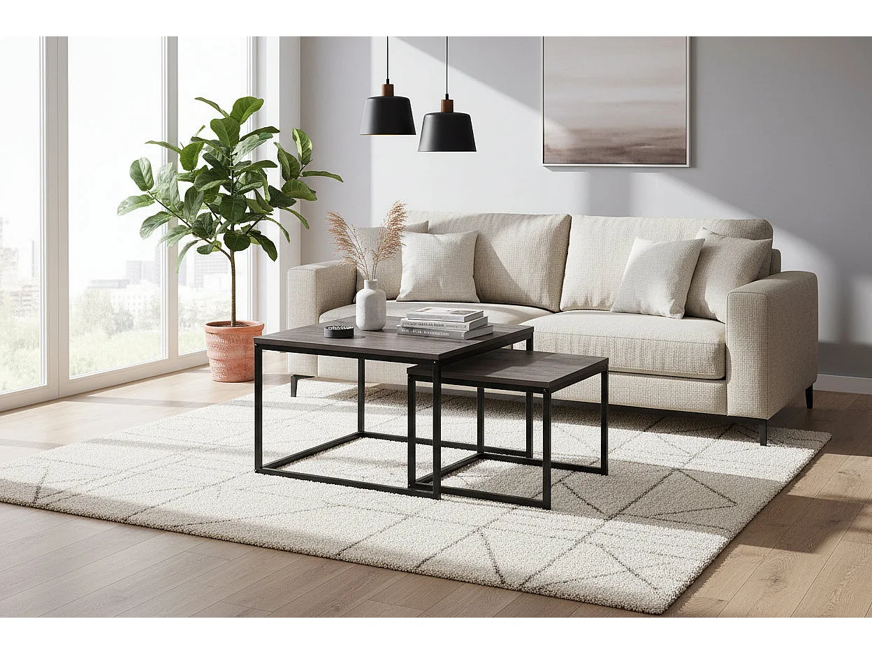 Lot 2 Tables Basses Gigognes BELGRADE Métal Noir Plateau Bois Gris 70x70x46 / 50x50x40cm