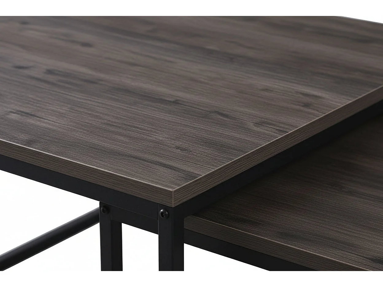 Lot 2 Tables Basses Gigognes BELGRADE Métal Noir Plateau Bois Gris 70x70x46 / 50x50x40cm