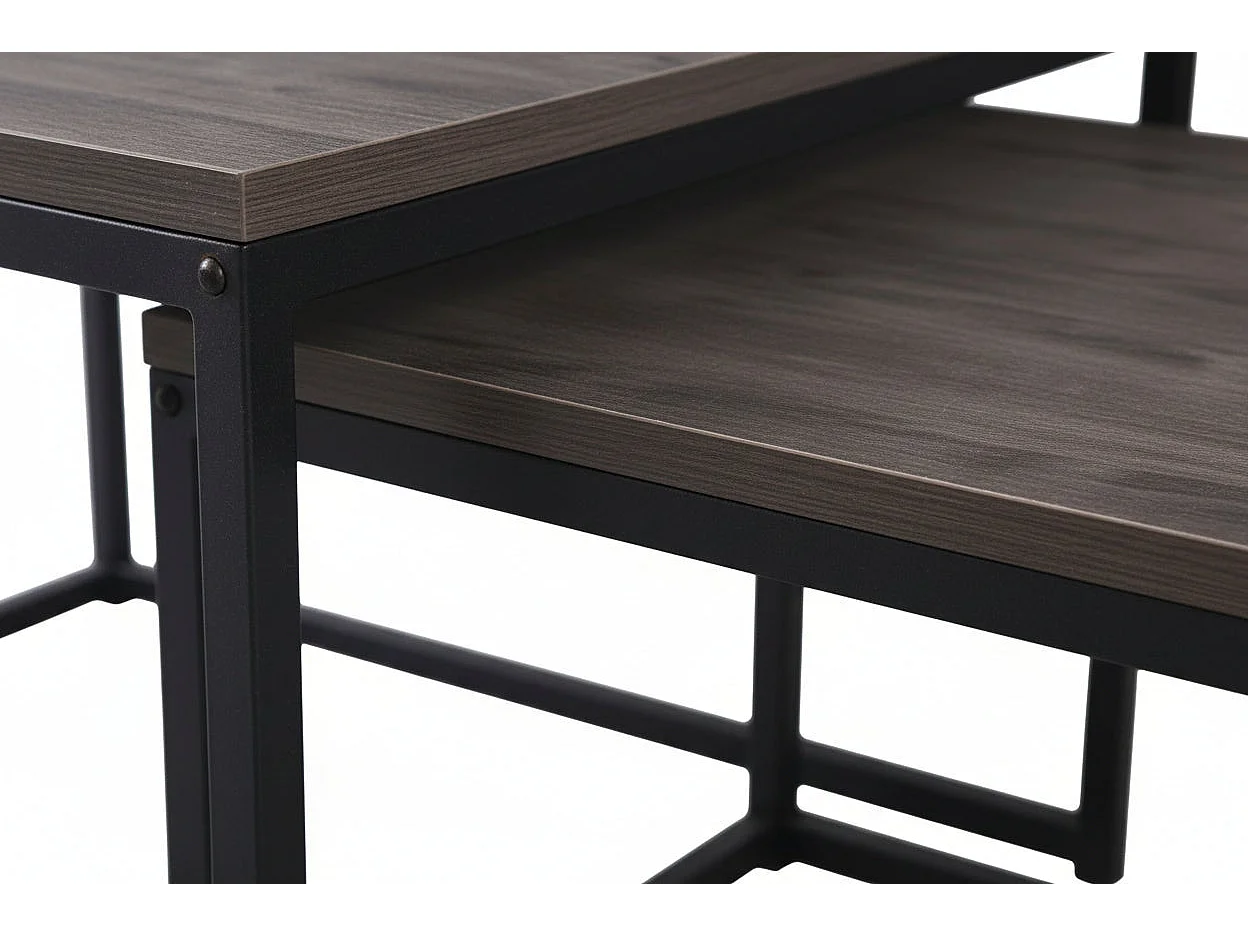 Lot 2 Tables Basses Gigognes BELGRADE Métal Noir Plateau Bois Gris 70x70x46 / 50x50x40cm
