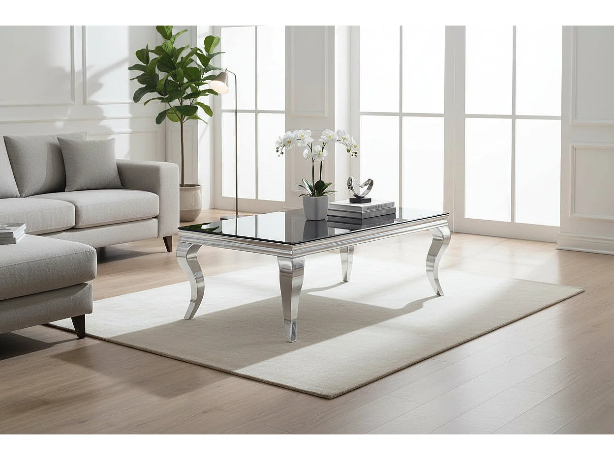 Table Basse BAROQUE Rectangle Plateau Verre Trempé Noir Pieds Chrome 120x60x45cm
