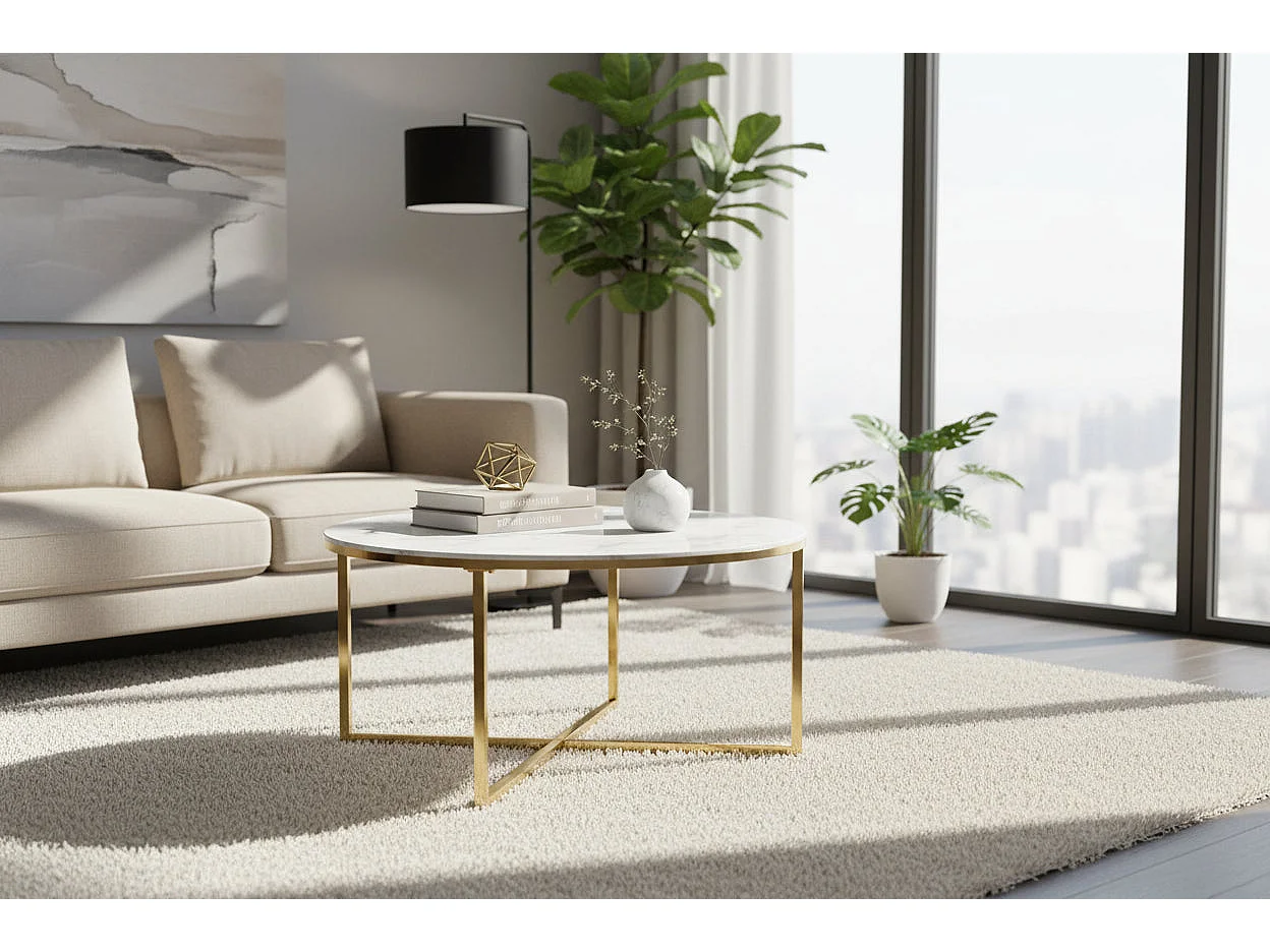 Table Basse LORIE Ronde Plateau Verre Trempé Miroir Structure Métal Gold D90x45cm