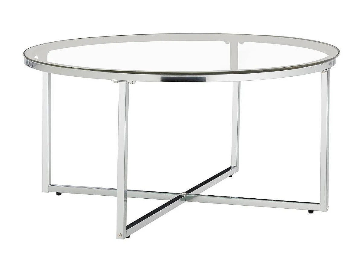 Table Basse LORIE Ronde Plateau Verre Trempé Transparent Structure Métal Chrome D90x45cm