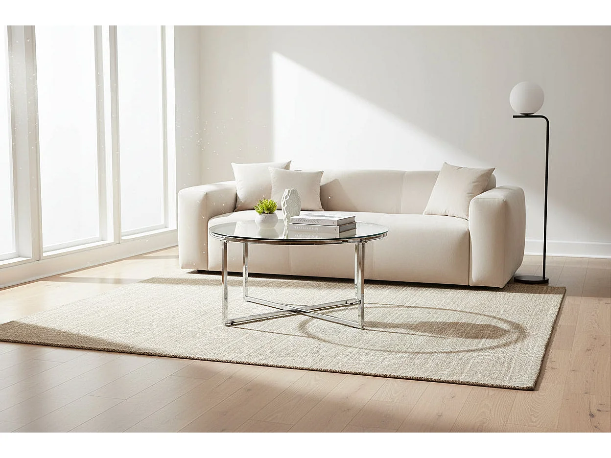 Table Basse LORIE Ronde Plateau Verre Trempé Transparent Structure Métal Chrome D90x45cm