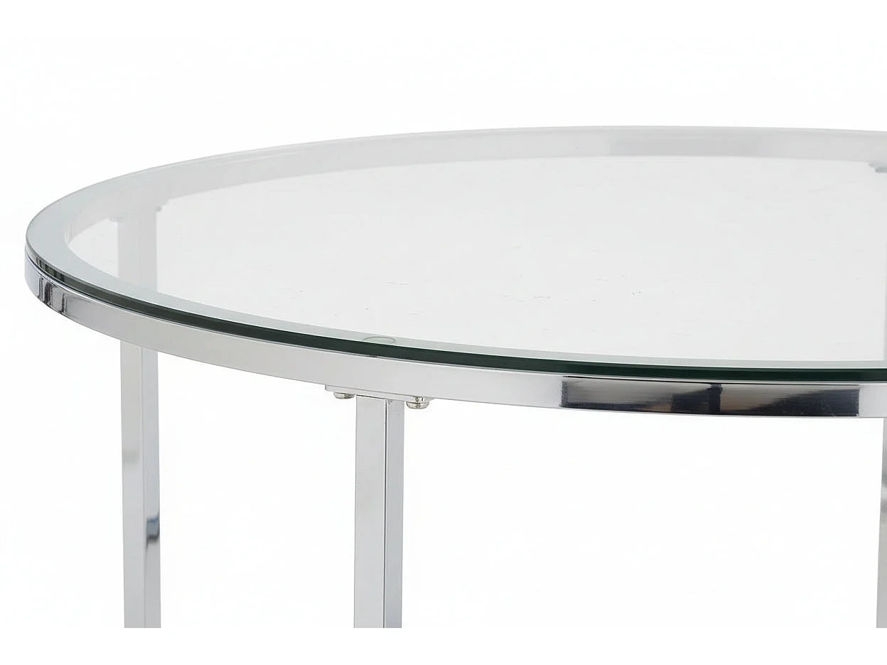 Table Basse LORIE Ronde Plateau Verre Trempé Transparent Structure Métal Chrome D90x45cm