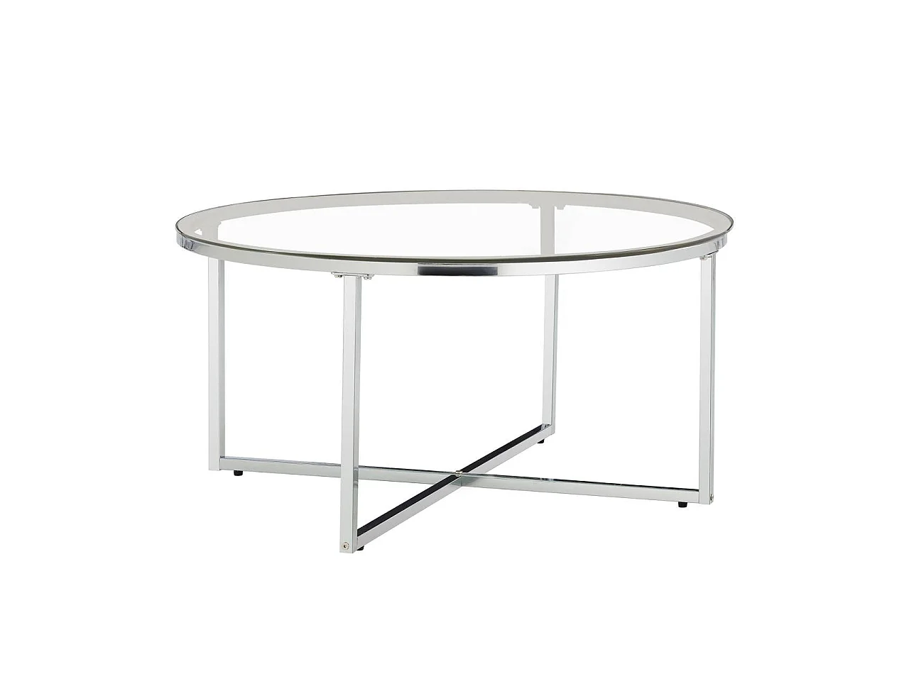 Table Basse LORIE Ronde Plateau Verre Trempé Transparent Structure Métal Chrome D90x45cm