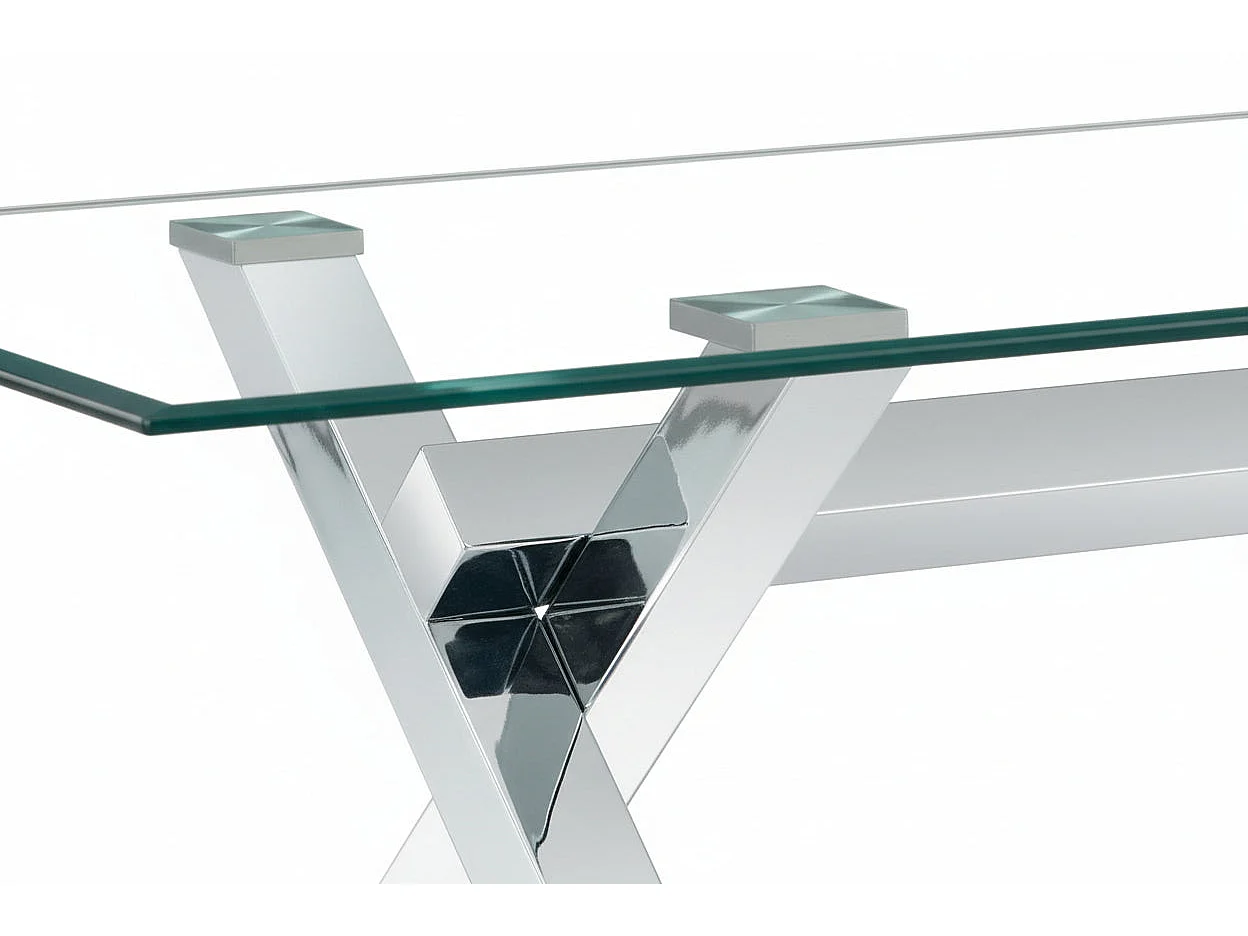 Table Basse IXE Métal Chrome Plateau Verre Trempé Transparent 120x60x45cm
