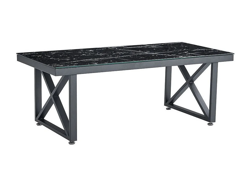 Table Basse LEVANTO Plateau Verre Trempé Marbré Noir Structure Métal Noir 120x60x45cm