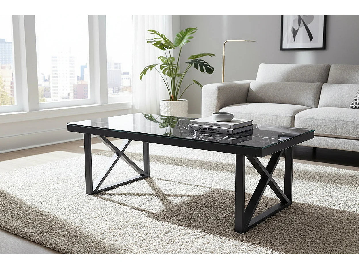 Table Basse LEVANTO Plateau Verre Trempé Marbré Noir Structure Métal Noir 120x60x45cm